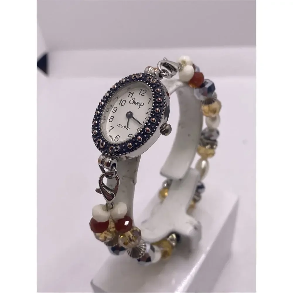 Womens Beaded Swap Watch Works New Battery